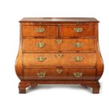 AN 18TH CENTURY FIGURED MAHOGANY BOMBE SHAPED CHEST OF DRAWERS