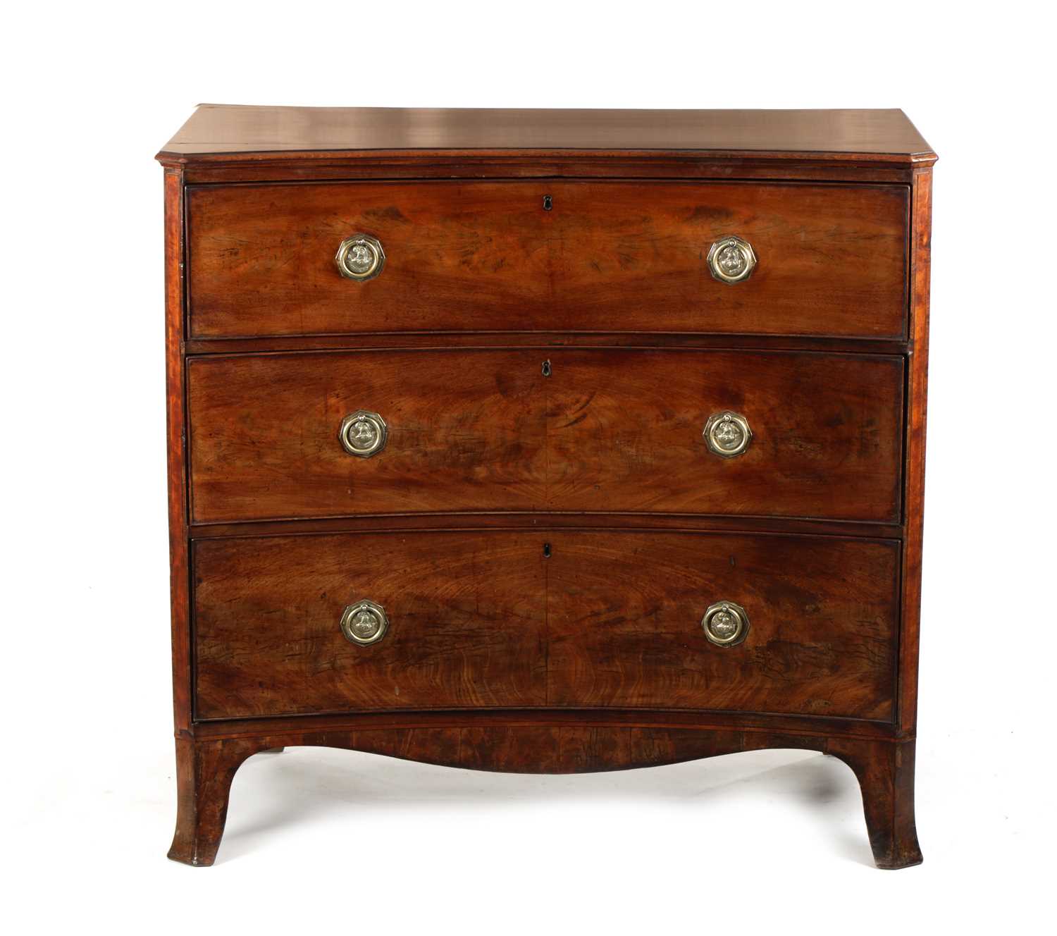 AN UNUSUAL LATE GEORGIAN FIGURED MAHOGANY INVERTED BOW FRONT CHEST OF DRAWERS