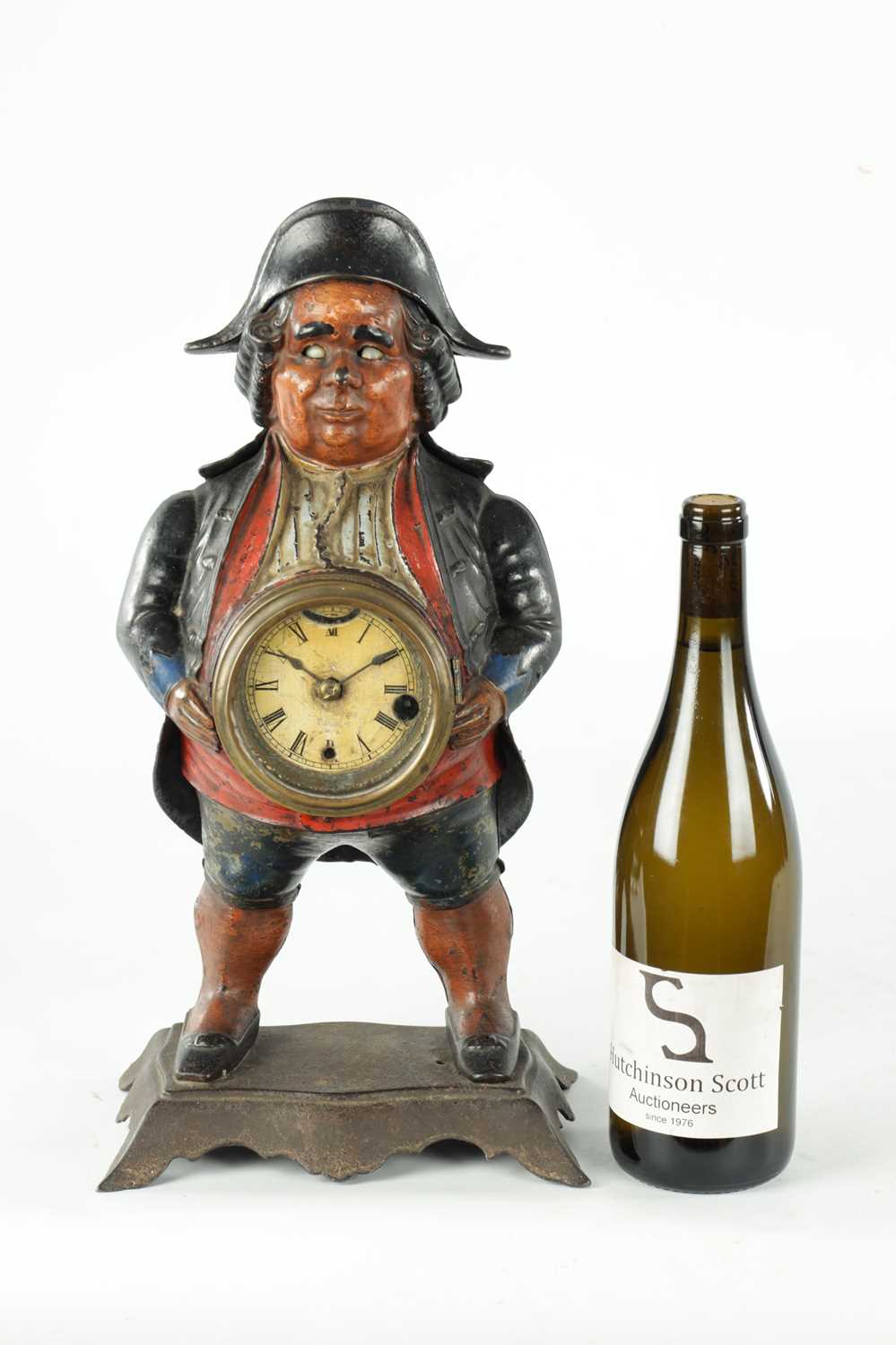 AN AMERICAN POLYCHROME PAINTED CAST IRON FIGURAL BLINKING EYE "CONTINENTAL MODEL" MANTEL TIMEPIECE - Image 2 of 9
