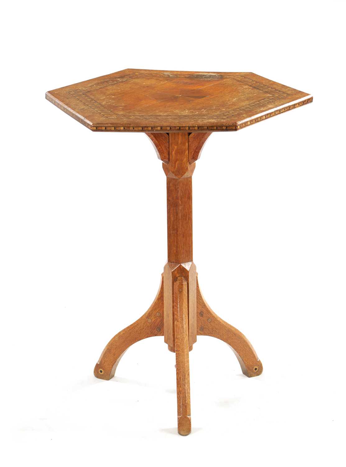 AN EARLY 20TH CENTURY AESTHETIC PERIOD OCTAGONAL PUGINESQUE INLAID OAK OCCASIONAL TABLE