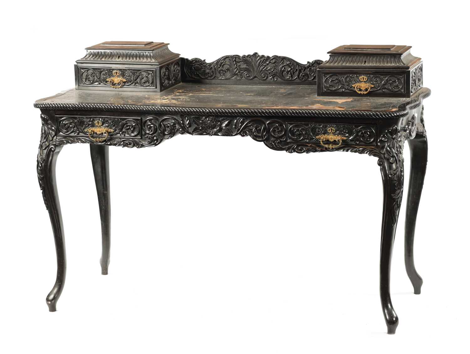 A 19TH CENTURY CARVED COROMANDEL INDO-PORTUGUESE WRITING DESK