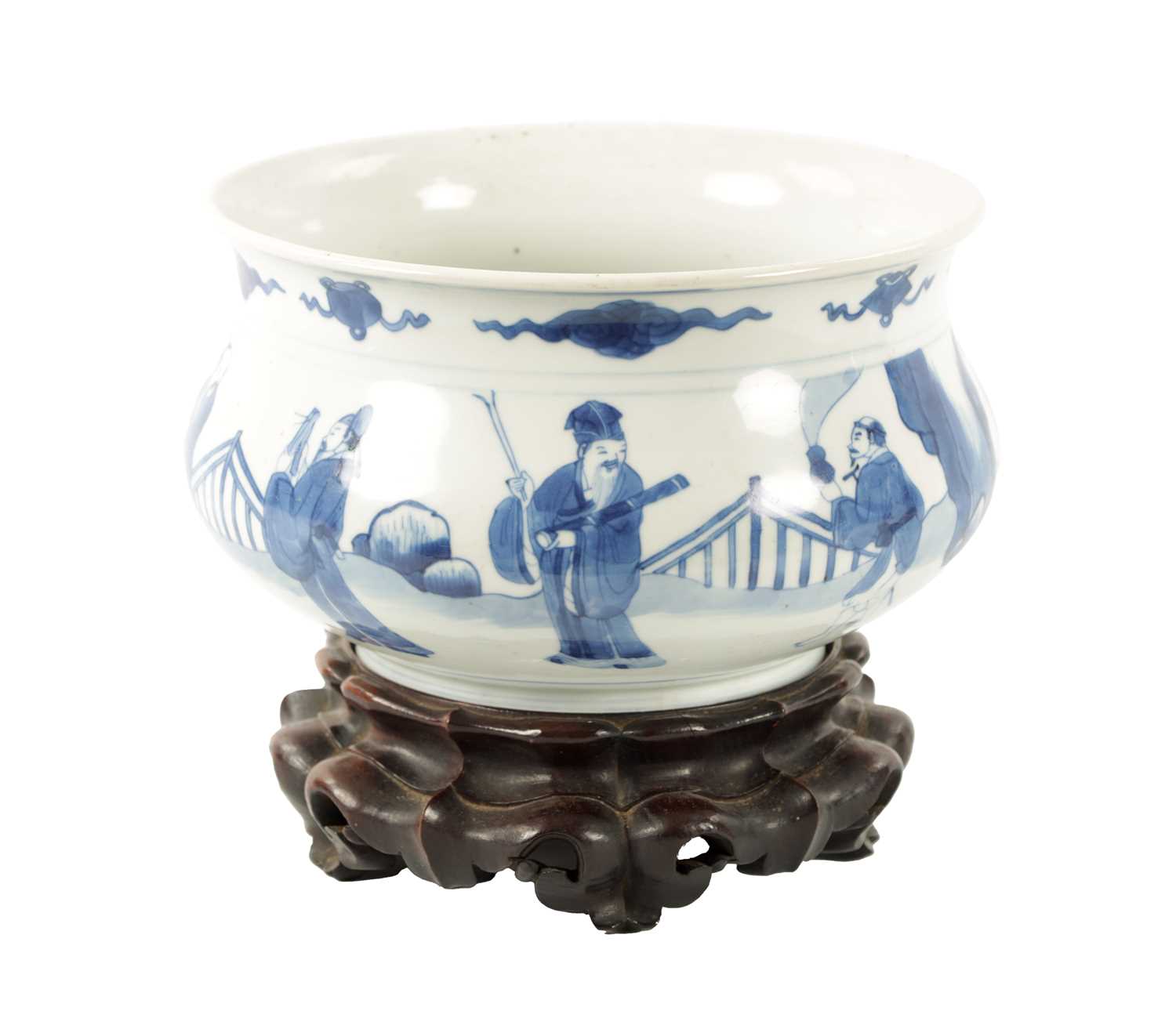 A CHINESE MING DYNASTY BLUE AND WHITE PORCELAIN CENSER ON HARDWOOD STAND