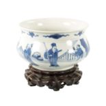 A CHINESE MING DYNASTY BLUE AND WHITE PORCELAIN CENSER ON HARDWOOD STAND