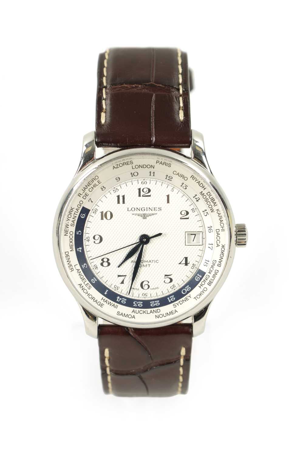 A GENTLEMAN’S LONGINES MASTER COLLECTION GMT WORLD TIME WRISTWATCH