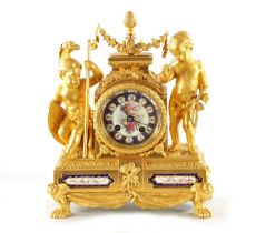 A FINE 19TH CENTURY GILT ORMOLU SEVRES PANELLED MANTEL CLOCK