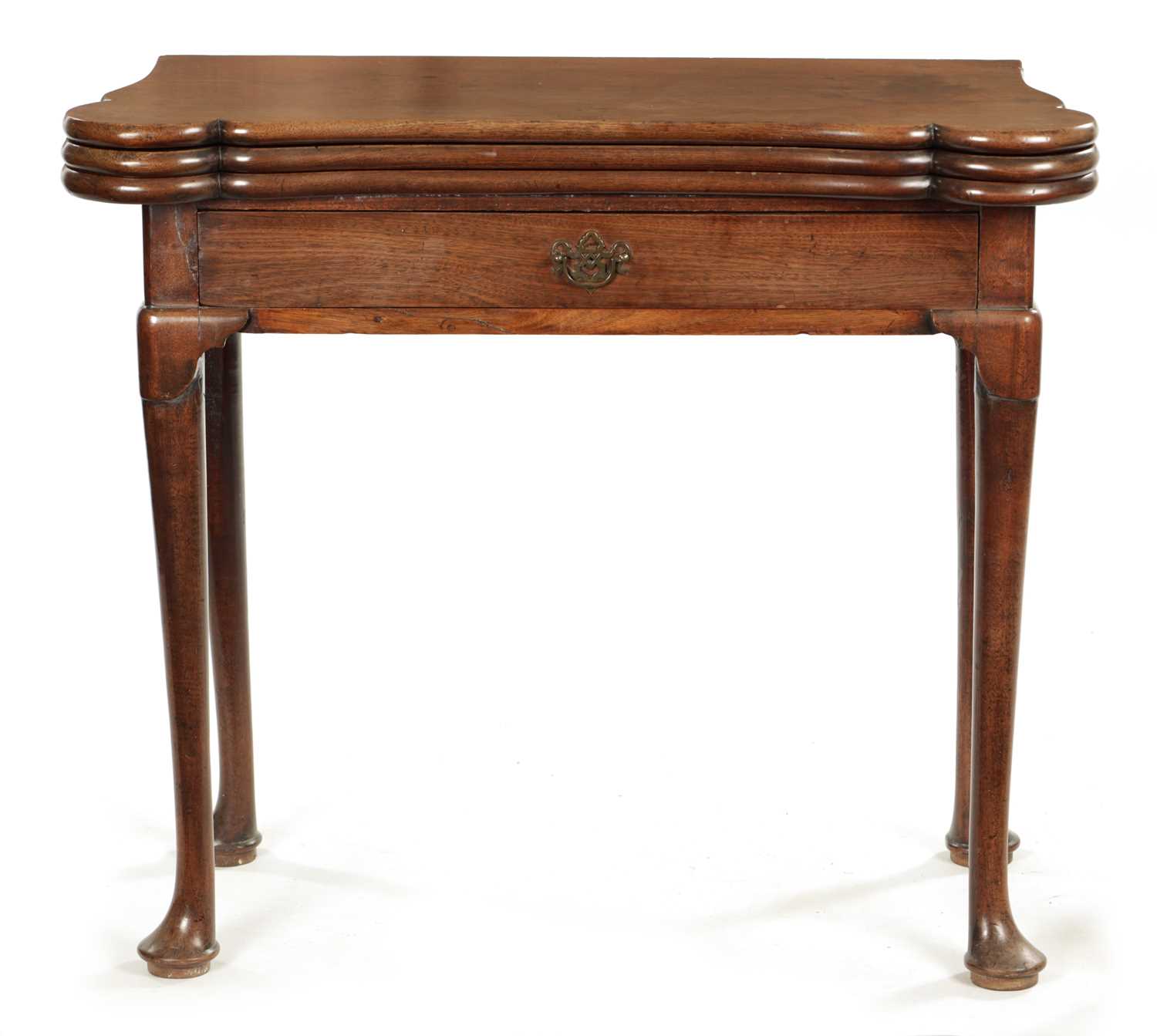A GEORGE II FIGURED MAHOGANY TRIPLE TOP FOLD-OVER GAMES TABLE