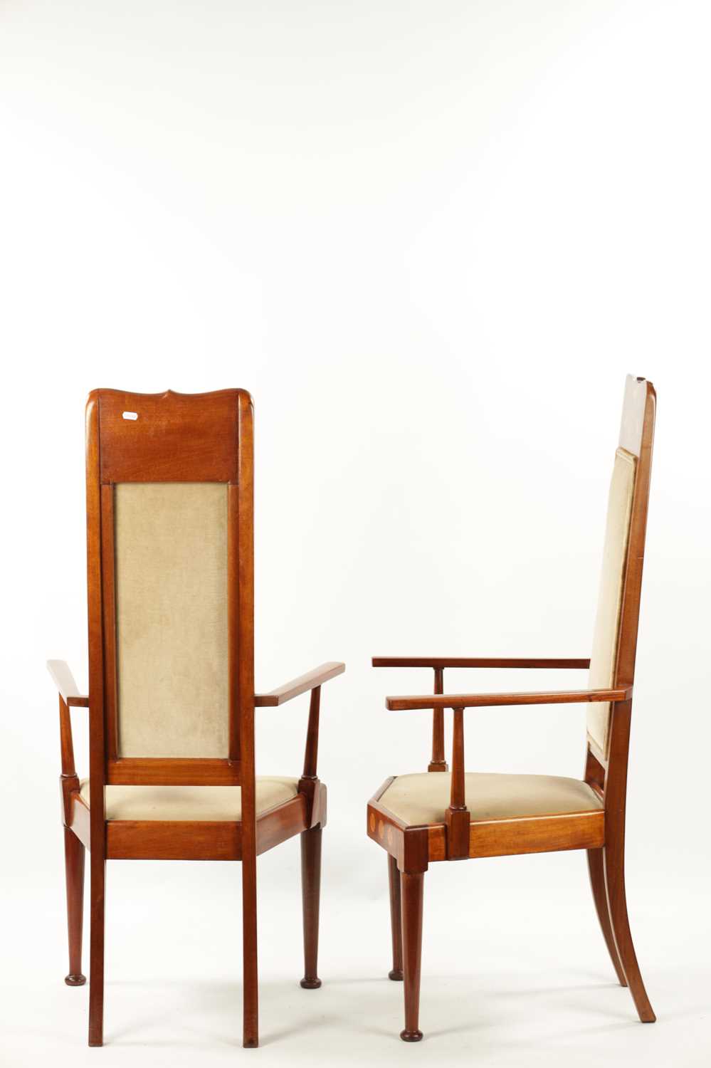 A PAIR OF INLAID MAHOGANY ART NOVEAU LIBERTY-STYLE UPHOLSTERED ARMCHAIRS - Image 9 of 11