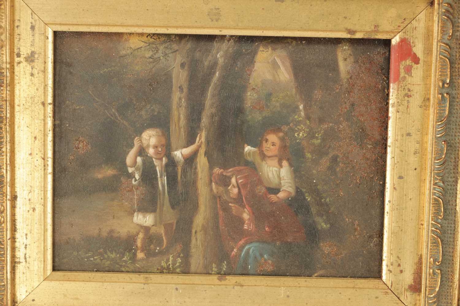 A PAIR OF 19TH CENTURY OIL ON TIN CHILDREN WITH A DOG AND PLAYING IN A WOOD - Image 4 of 7