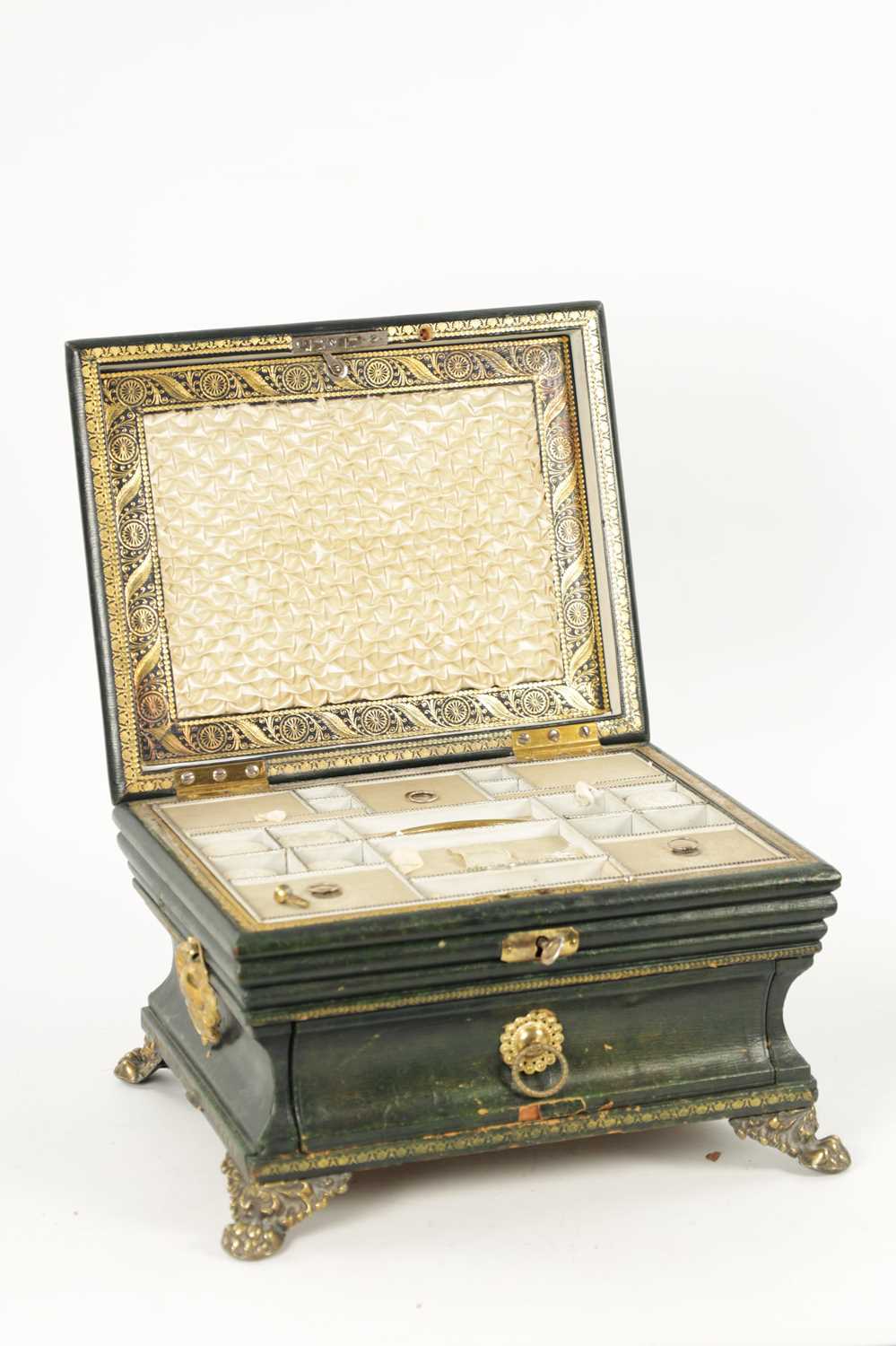 A FINE REGENCY TOOLED LEATHER LADIES COMBINED SEWING / WRITING BOX OF SARCOPHAGUS FORM - Image 4 of 11