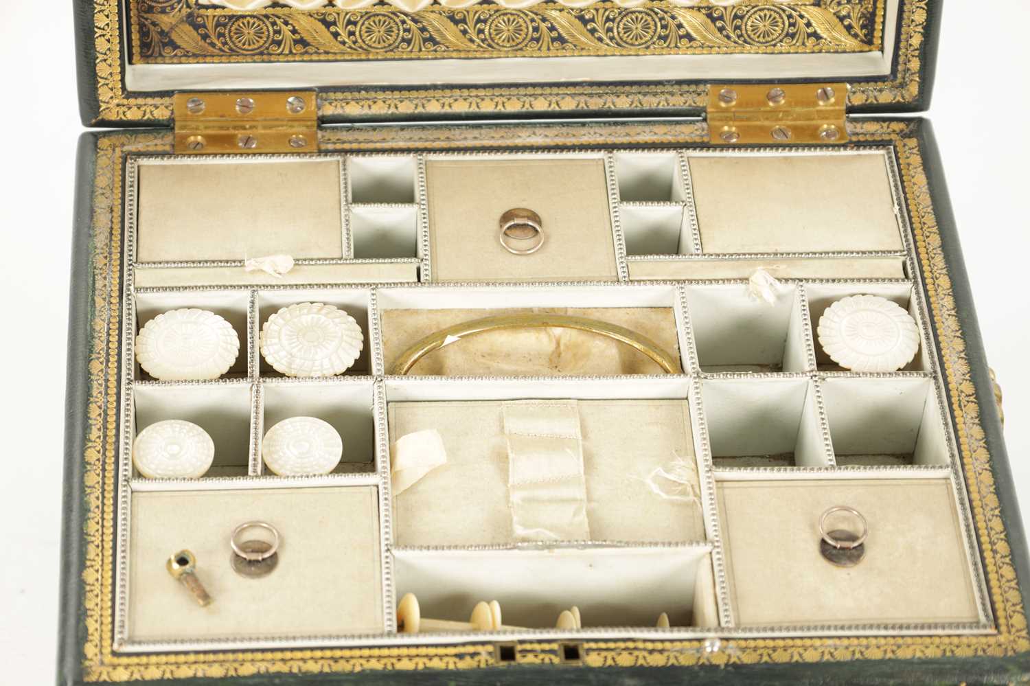 A FINE REGENCY TOOLED LEATHER LADIES COMBINED SEWING / WRITING BOX OF SARCOPHAGUS FORM - Image 5 of 11