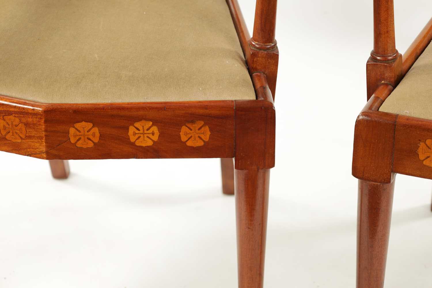 A PAIR OF INLAID MAHOGANY ART NOVEAU LIBERTY-STYLE UPHOLSTERED ARMCHAIRS - Image 6 of 11
