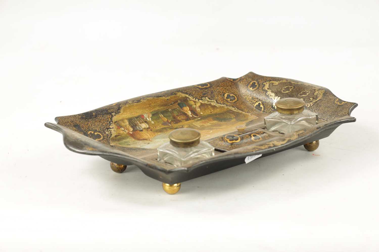 A 19TH CENTURY PAPIER MACHE LACQUERED DESK INKSTAND - Image 7 of 7