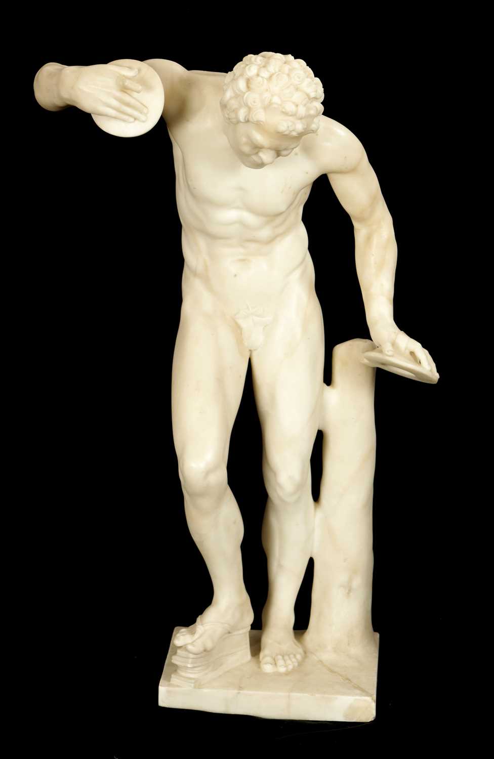 A 19TH CENTURY ITALIAN CARRERA MARBLE SCULPTURE OF A DANCING FAUN ON LATER SQUARE COLUMN BASE