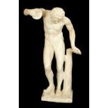 A 19TH CENTURY ITALIAN CARRERA MARBLE SCULPTURE OF A DANCING FAUN ON LATER SQUARE COLUMN BASE