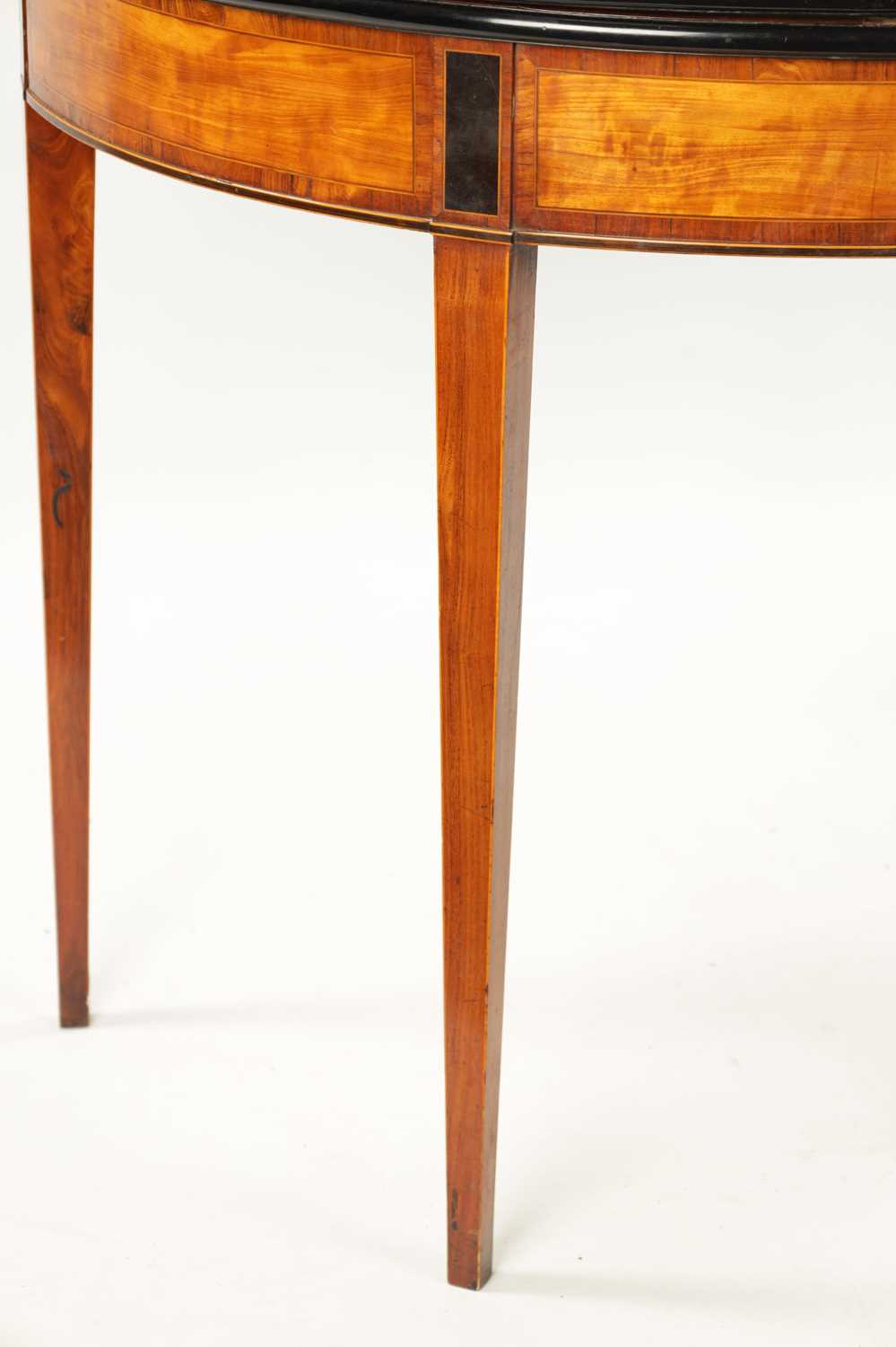 A GEORGE III SATINWOOD AND INLAID EBONISED DEMI LUNE FOLD OVER CARD TABLE - Image 5 of 10