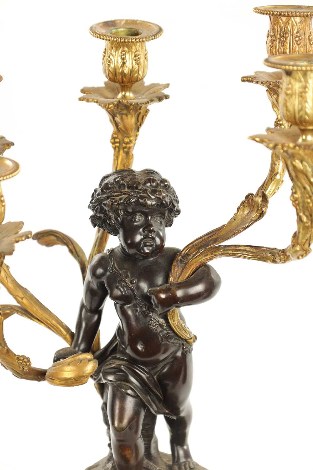 A GOOD PAIR OF ORMOLU AND BRONZE CHERUB FIVE BRANCH CANDELABRA - Image 2 of 6