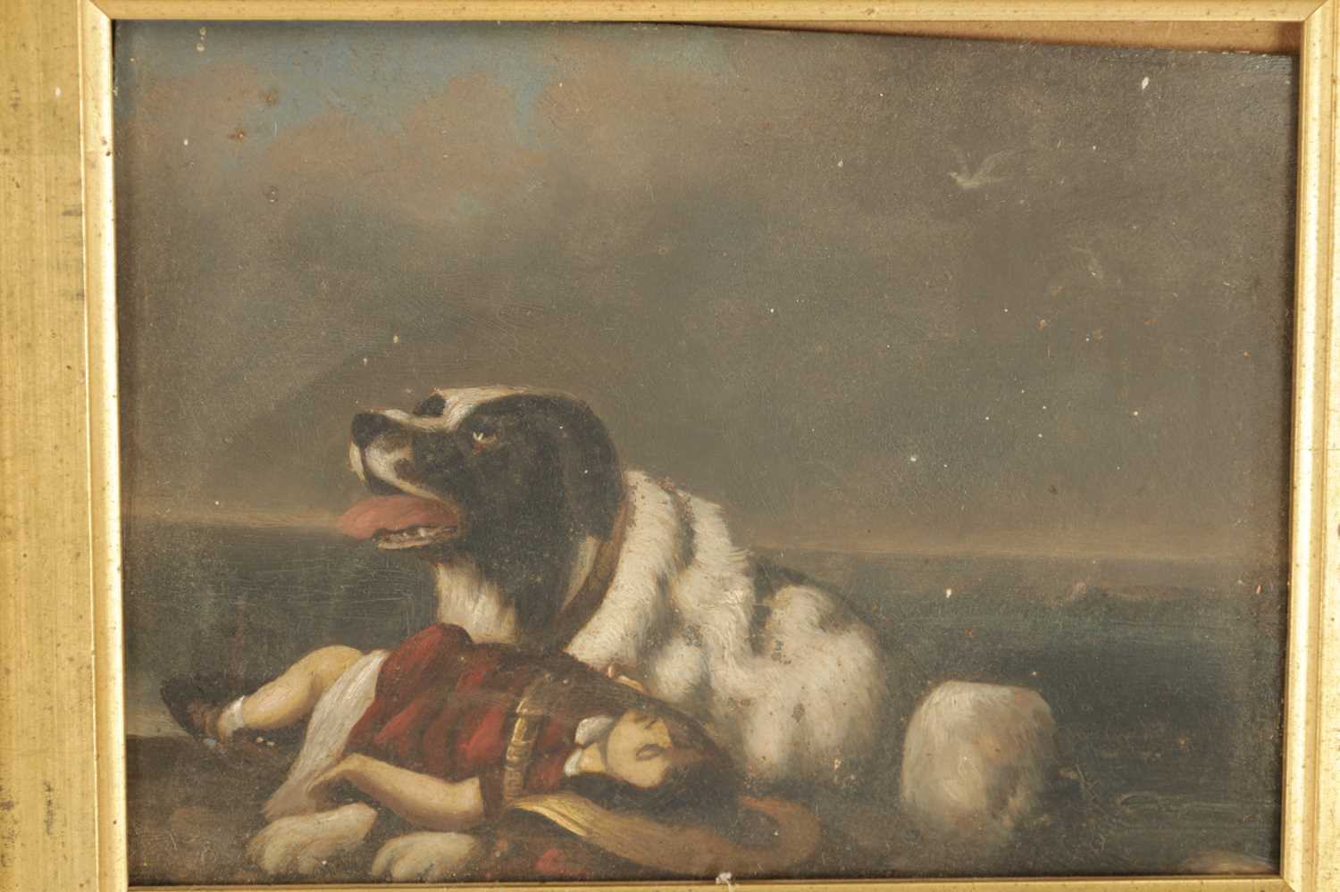 A PAIR OF 19TH CENTURY OIL ON TIN CHILDREN WITH A DOG AND PLAYING IN A WOOD - Image 6 of 7