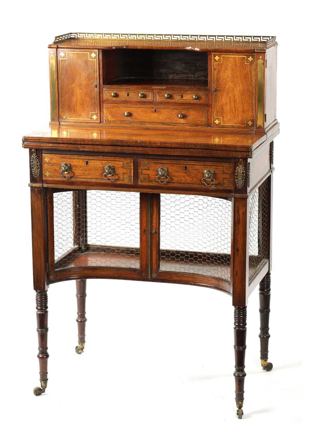 A FINE REGENCY BRASS INLAID ROSEWOOD BONHEUR DE JOUR IN THE MANNER OF JOHN MCLEAN