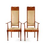 A PAIR OF INLAID MAHOGANY ART NOVEAU LIBERTY-STYLE UPHOLSTERED ARMCHAIRS
