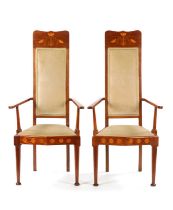 A PAIR OF INLAID MAHOGANY ART NOVEAU LIBERTY-STYLE UPHOLSTERED ARMCHAIRS