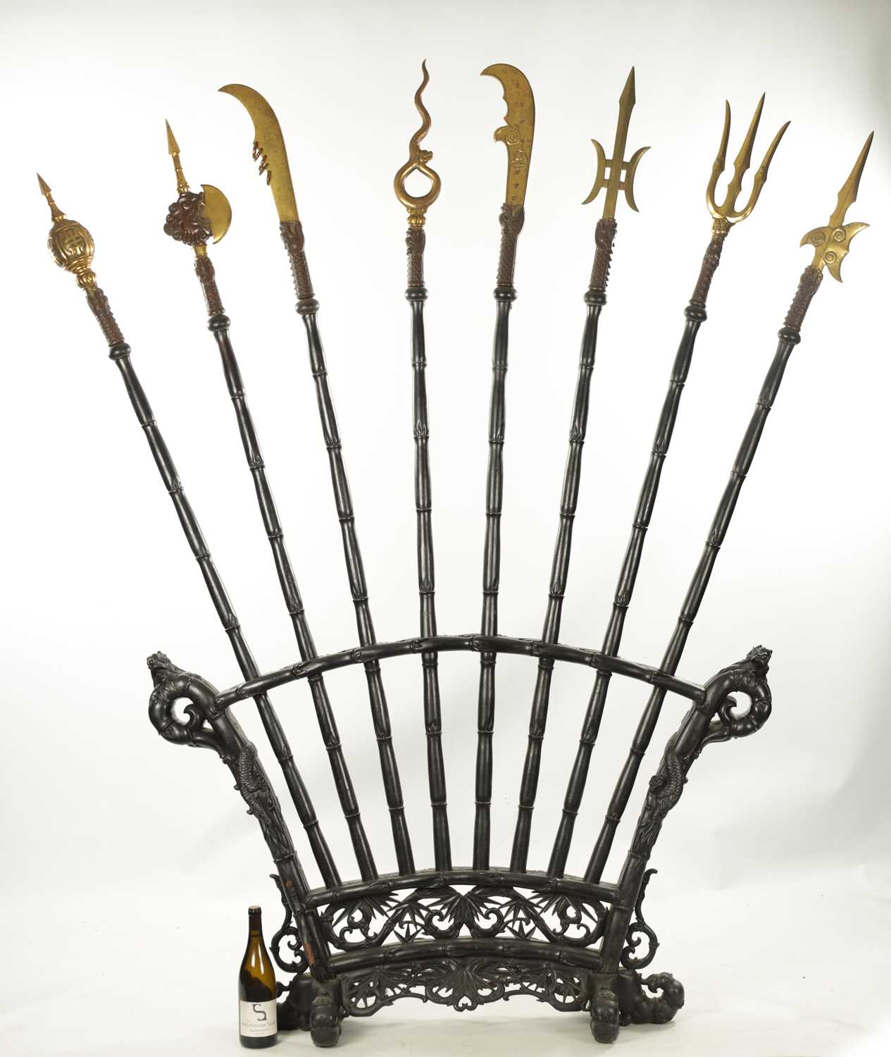 A LATE 19TH CENTURY CHINESE HARDWOOD AND GILT BRONZE WEAPONS STAND - Image 3 of 10