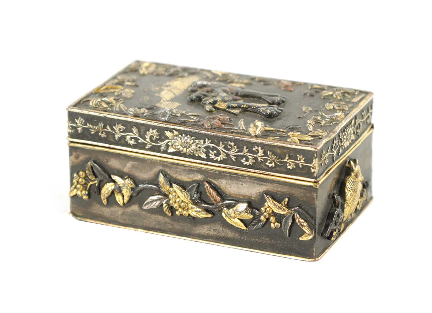 A SMALL JAPANESE MEIJI PERIOD GOLD INLAID MIXED METAL BRONZE BOX