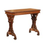 A 19TH CENTURY CARVED AND INLAID OAK LIBRARY TABLE BY LAMB MANCHESTER