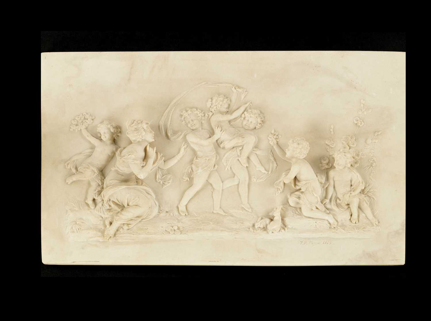 A LATE 19TH CENTURY CAST COMPOSITE WHITE MARBLE CLASSICAL PLAQUE BY J. P. MYERS DATED 1882