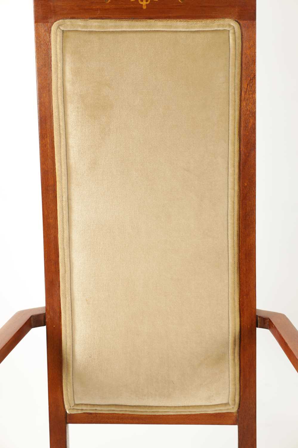 A PAIR OF INLAID MAHOGANY ART NOVEAU LIBERTY-STYLE UPHOLSTERED ARMCHAIRS - Image 7 of 11