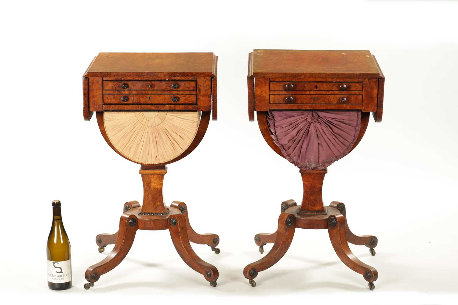 A RARE MATCHED PAIR OF REGENCY BURR ELM WORK TABLES - Image 2 of 11