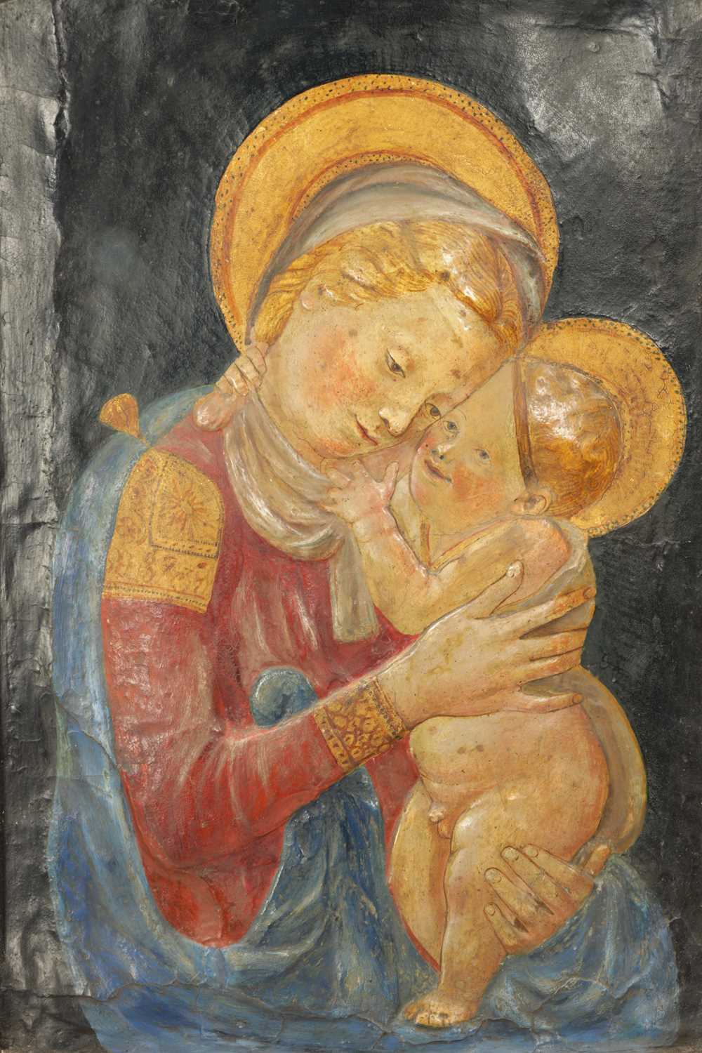 A RARE EARLY ITALIAN POLYCHROME STUCCO PANEL OF MADONNA AND CHILD POSSIBLY 15TH CENTURY - Image 2 of 6