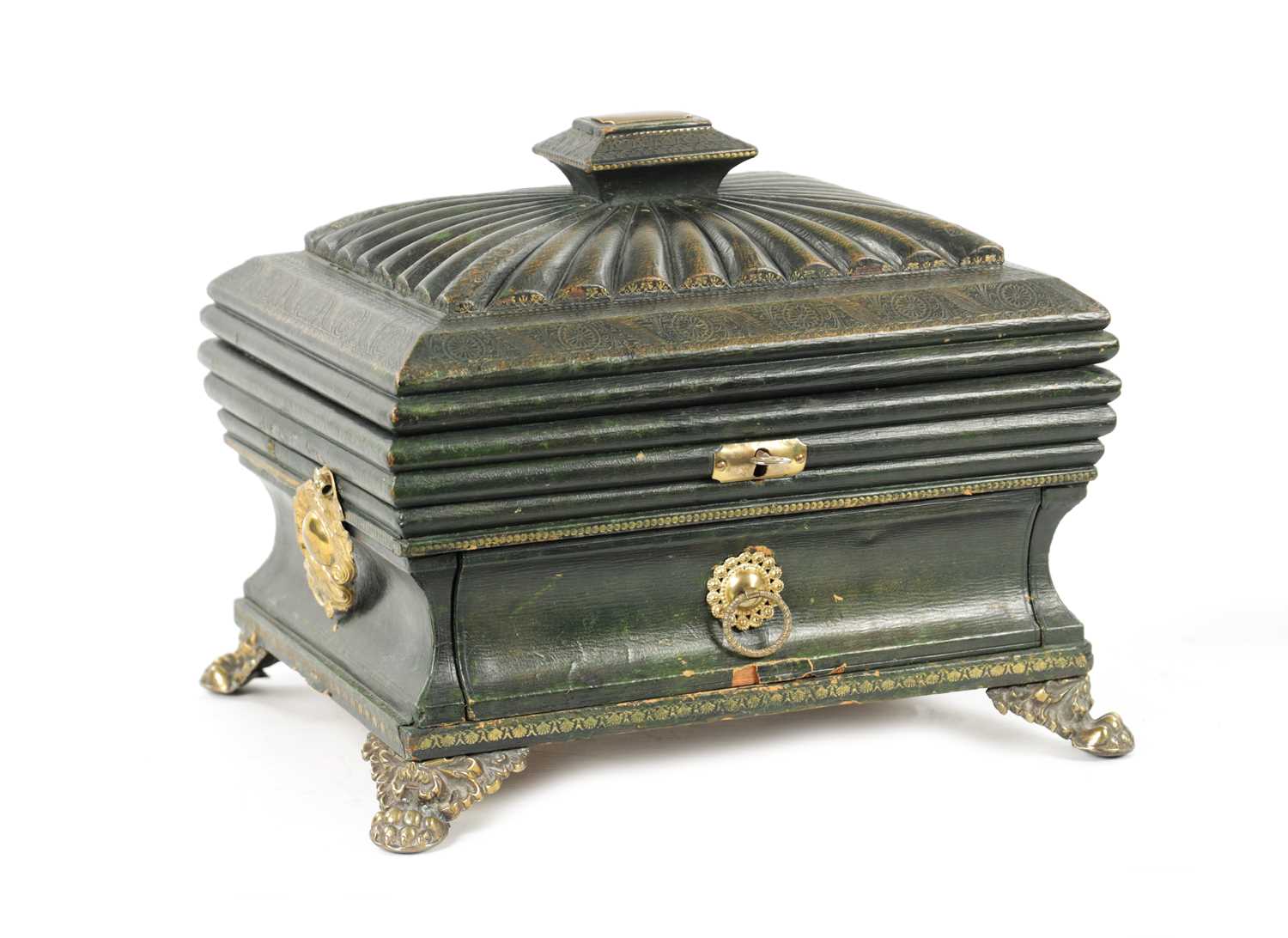 A FINE REGENCY TOOLED LEATHER LADIES COMBINED SEWING / WRITING BOX OF SARCOPHAGUS FORM