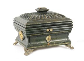 A FINE REGENCY TOOLED LEATHER LADIES COMBINED SEWING / WRITING BOX OF SARCOPHAGUS FORM