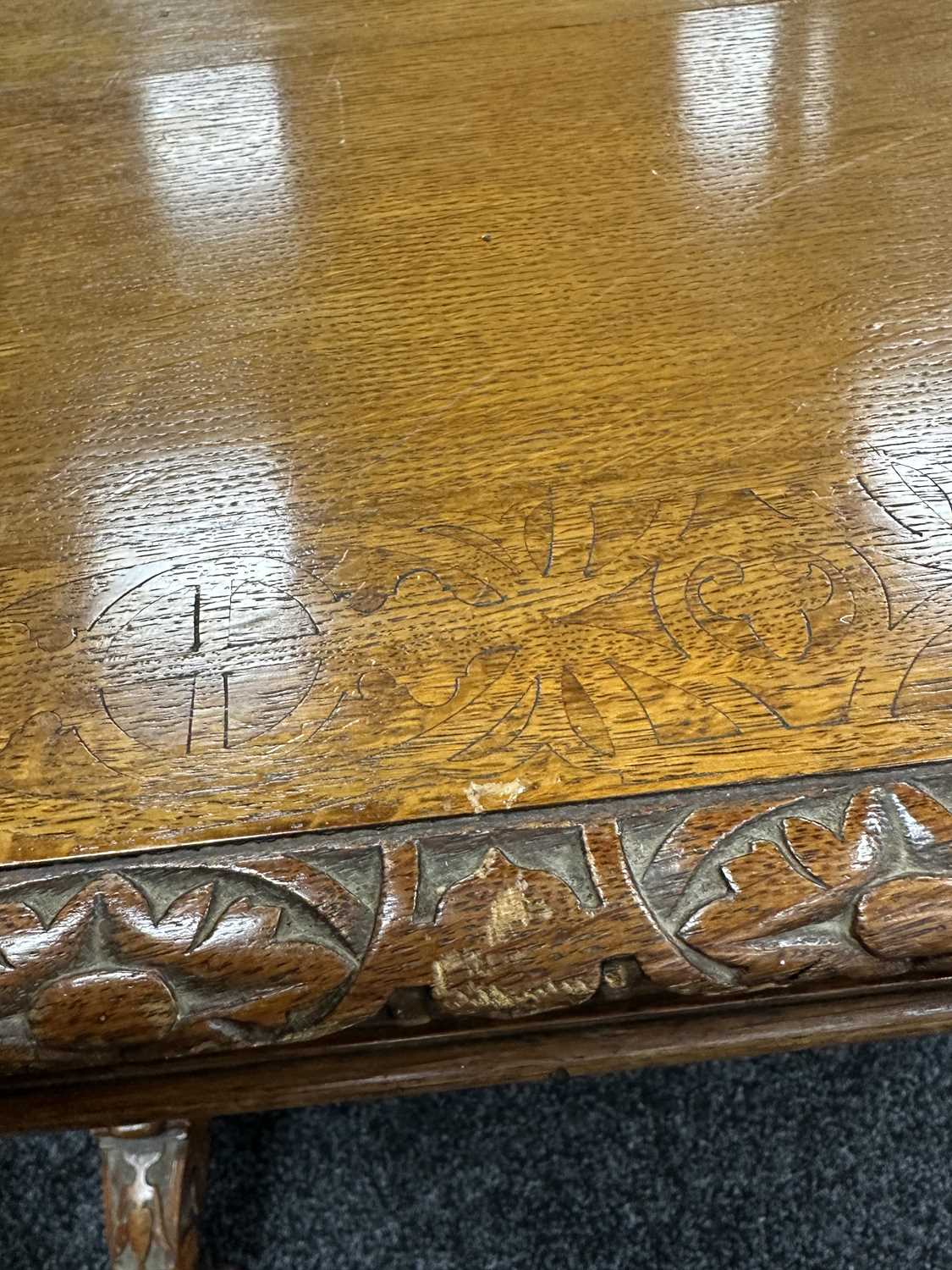 A 19TH CENTURY CARVED AND INLAID OAK LIBRARY TABLE BY LAMB MANCHESTER - Image 10 of 16