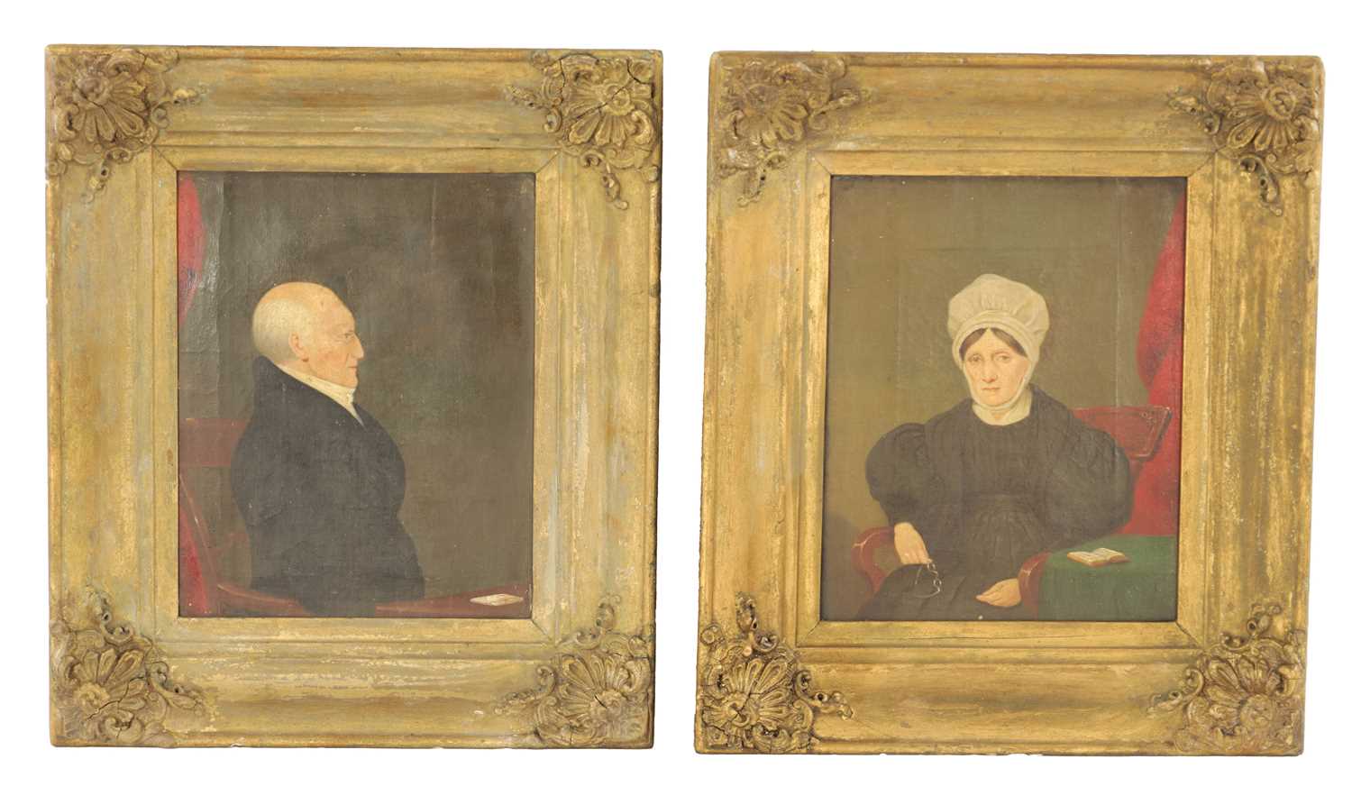 A PAIR OF 19TH CENTURY OIL ON CANVAS HALF LENGTH PORTRAITS