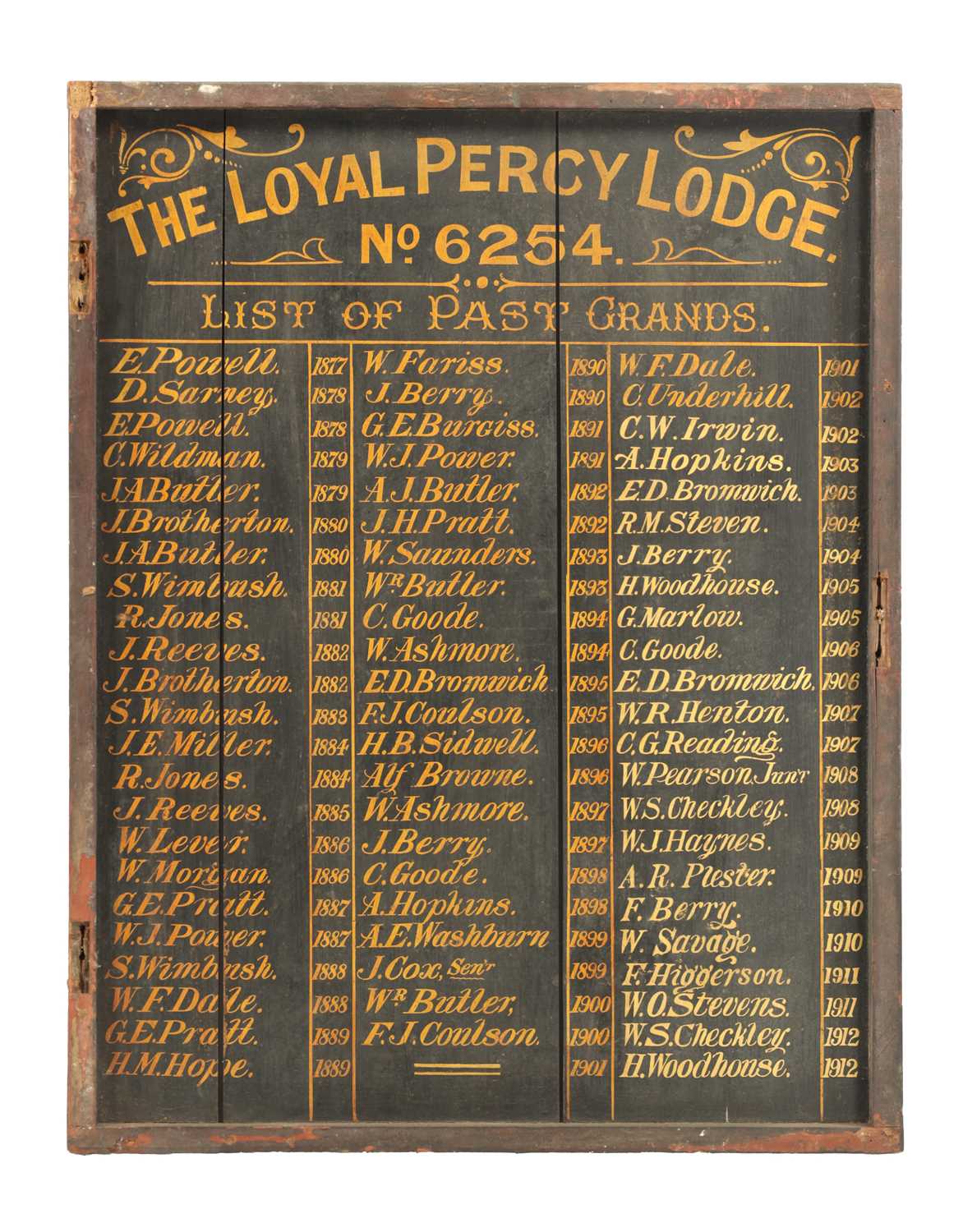 A 19TH CENTURY MASONIC SIGN “THE LOYAL PERCY LODGE, NO. 6254”