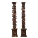 A PAIR OF LARGE 18TH / 19TH CENTURY CARVED WALNUT BARLEY TWIST COLUMNS