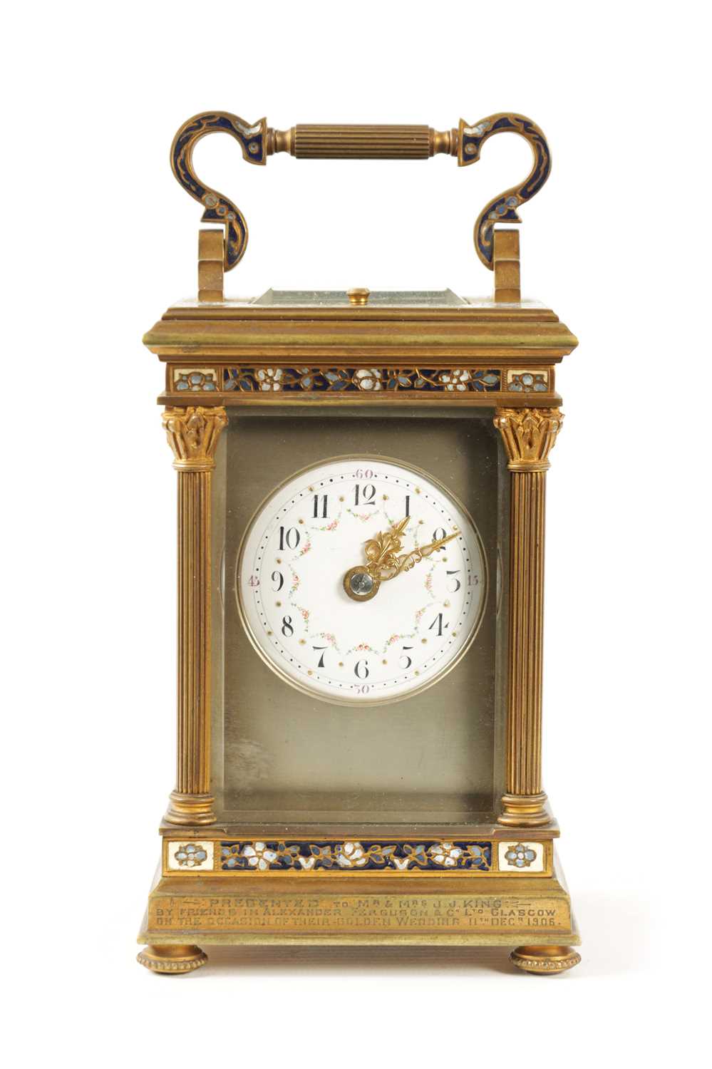 A LATE 19TH CENTURY FRENCH GILT BRASS AND CHAMPLEVE ENAMEL REPEATING CARRIAGE CLOCK - Image 4 of 9