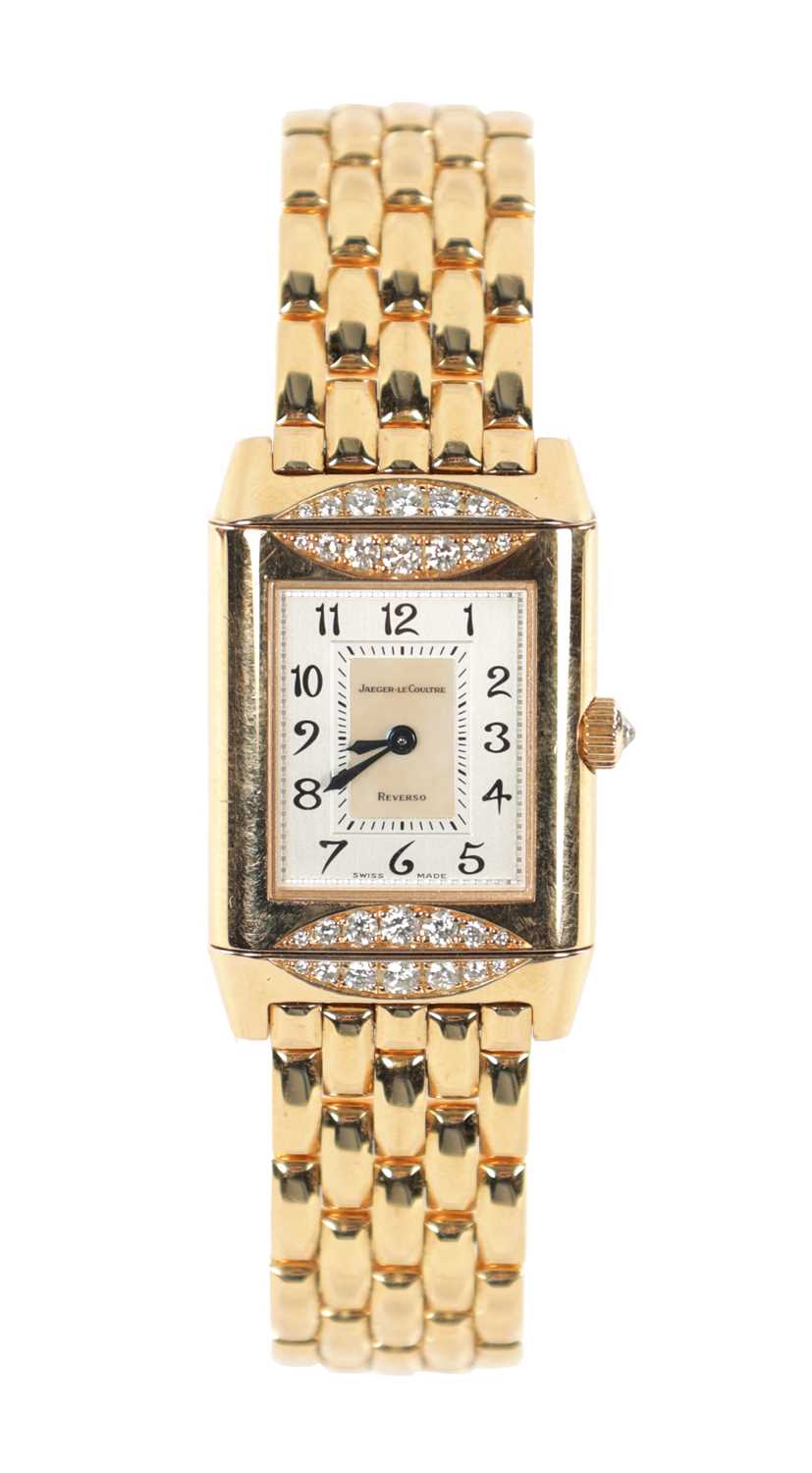 A LADIES JAEGER LE-COUTRE DIAMOND SET 18CT ROSE GOLD DUEL DIAL REVERSO WRISTWATCH