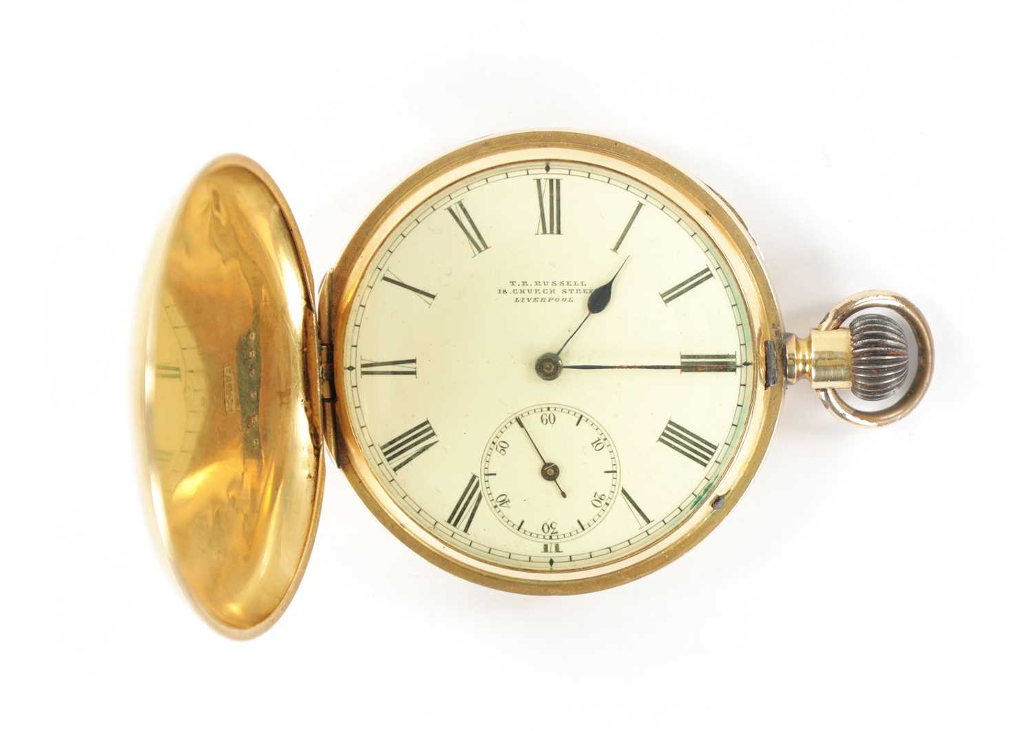 THOMAS R RUSSELL. 18 CHURCH STREET LIVERPOOL, AN 18CT GOLD FULL HUNTER GENTLEMAN'S POCKET WATCH