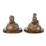 A PAIR OF 20TH CENTURY BRONZE SCULPTURES DEPICTING A ZULU WOMEN AND MAN BY PIERRE VAN RYNEVELD SIGNE