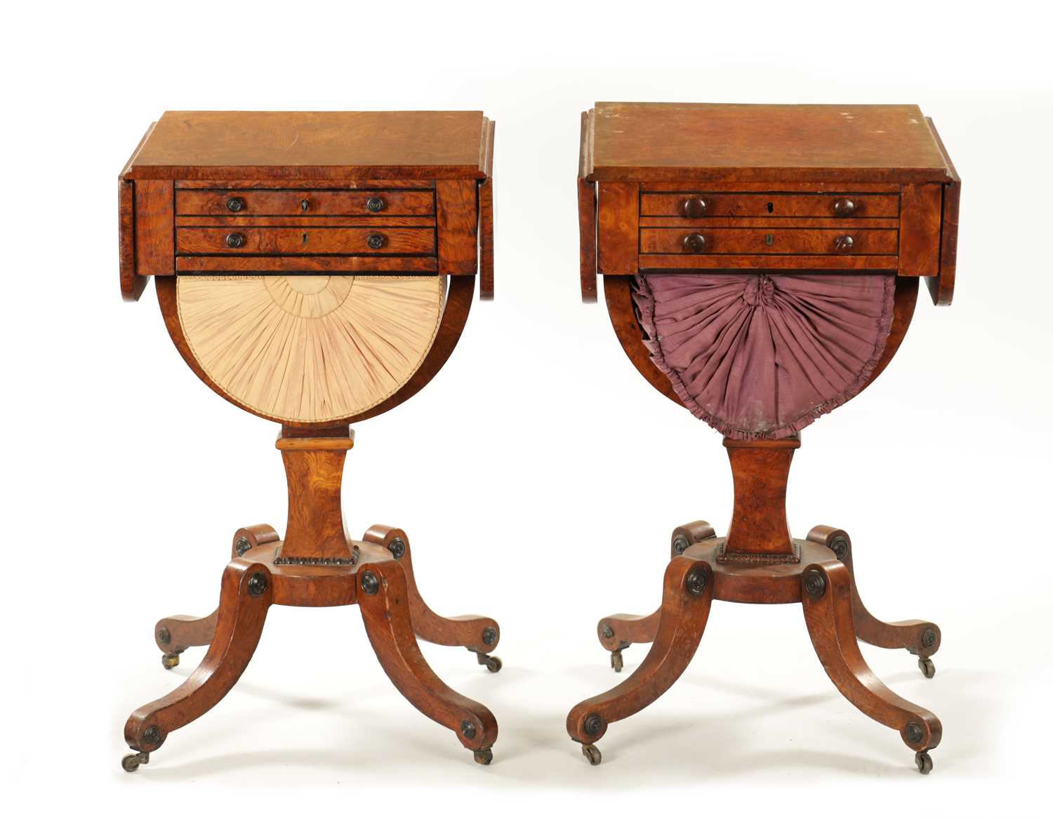 A RARE MATCHED PAIR OF REGENCY BURR ELM WORK TABLES