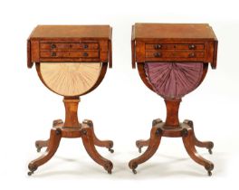 A RARE MATCHED PAIR OF REGENCY BURR ELM WORK TABLES