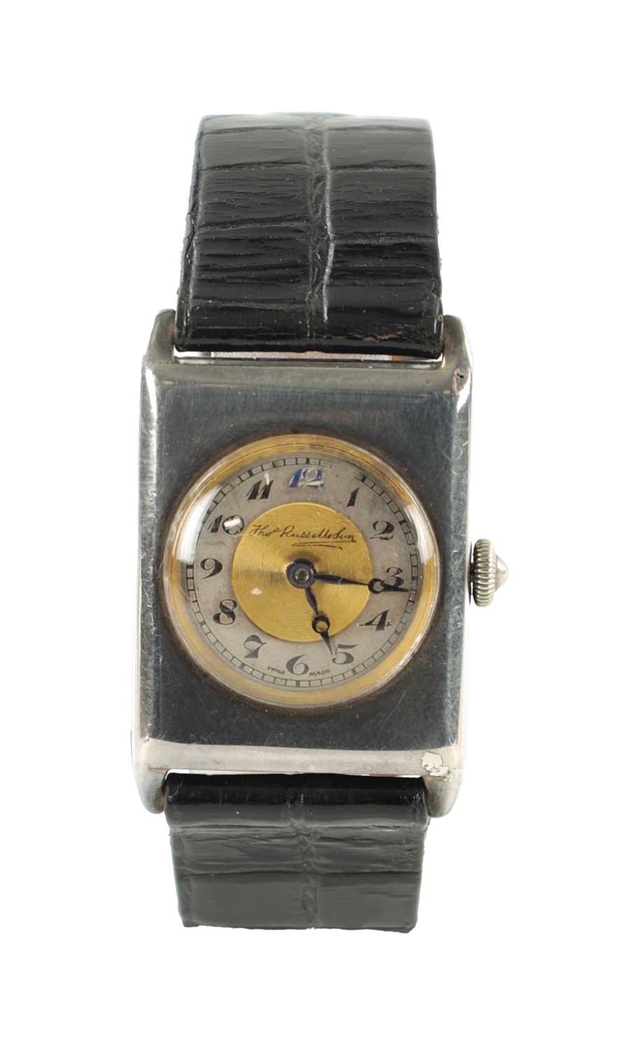 AN EARLY 20TH CENTURY SILVER THOMAS RUSSELL TANK-SHAPED WRISTWATCH