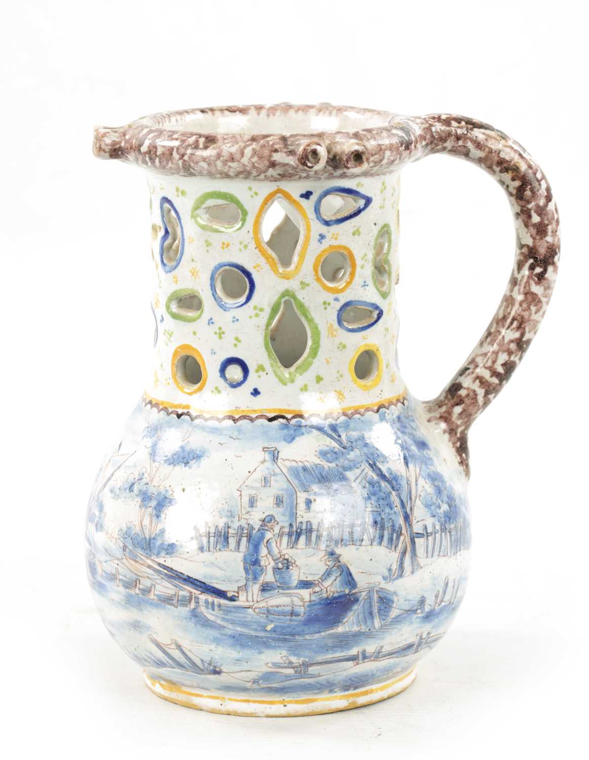 AN 18TH CENTURY DUTCH DELFTWARE PUZZLE JUG