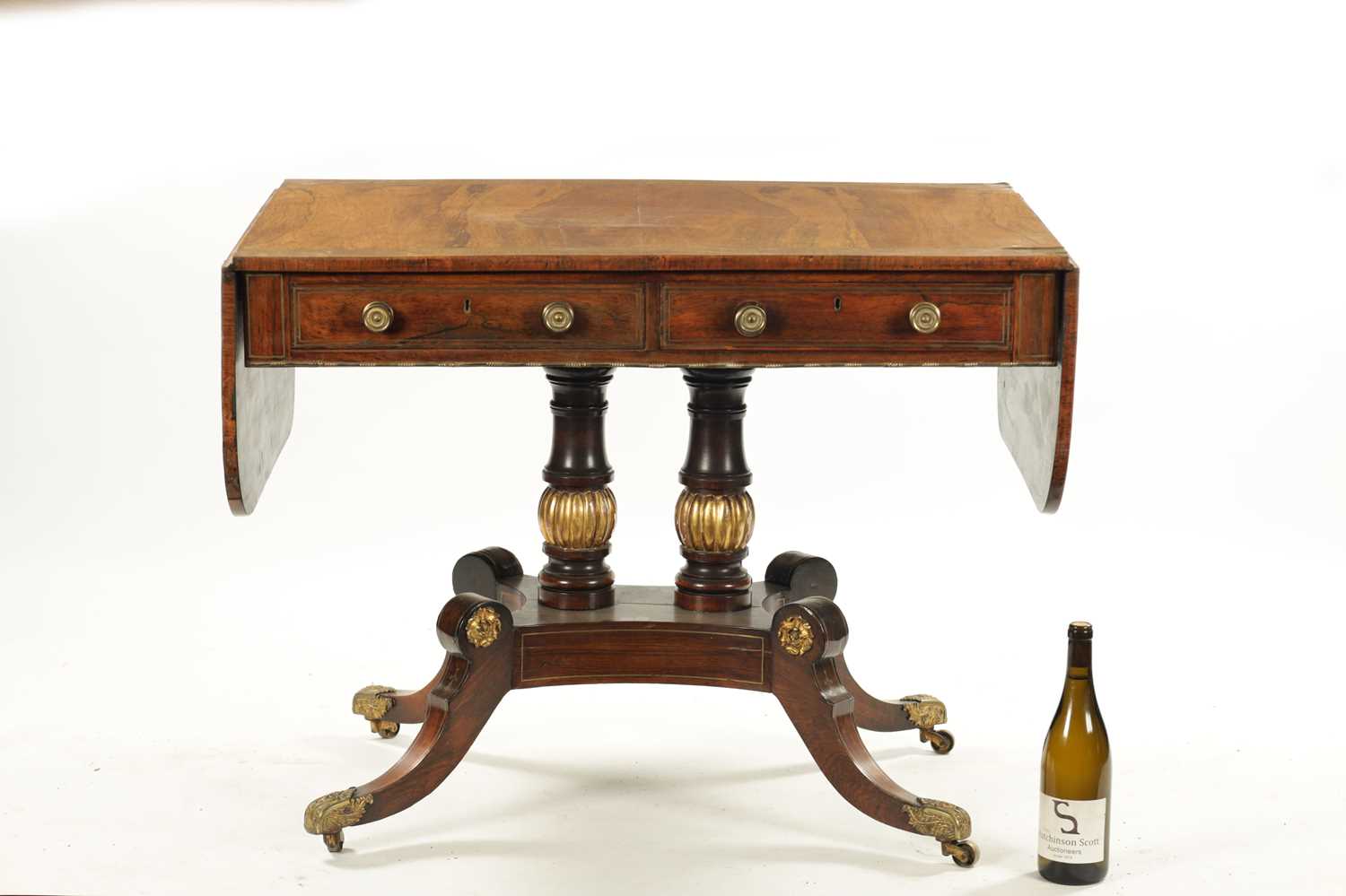A REGENCY FIGURED ROSEWOOD BRASS INLAID SOFA TABLE - Image 2 of 16