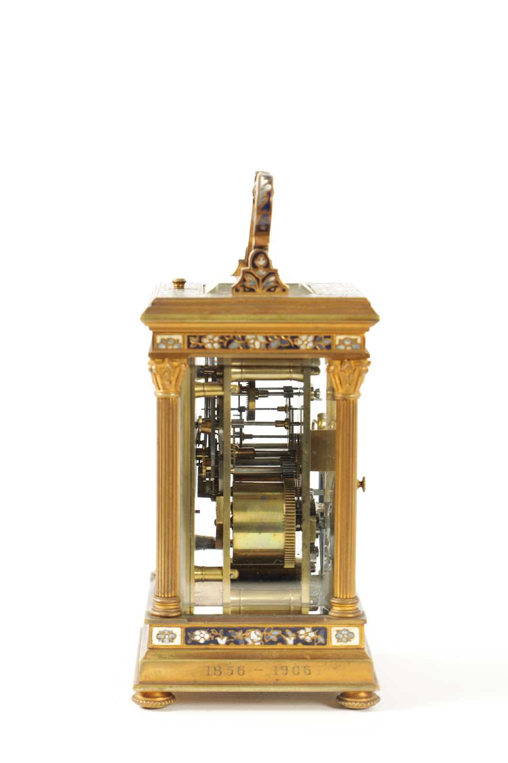 A LATE 19TH CENTURY FRENCH GILT BRASS AND CHAMPLEVE ENAMEL REPEATING CARRIAGE CLOCK - Image 5 of 9