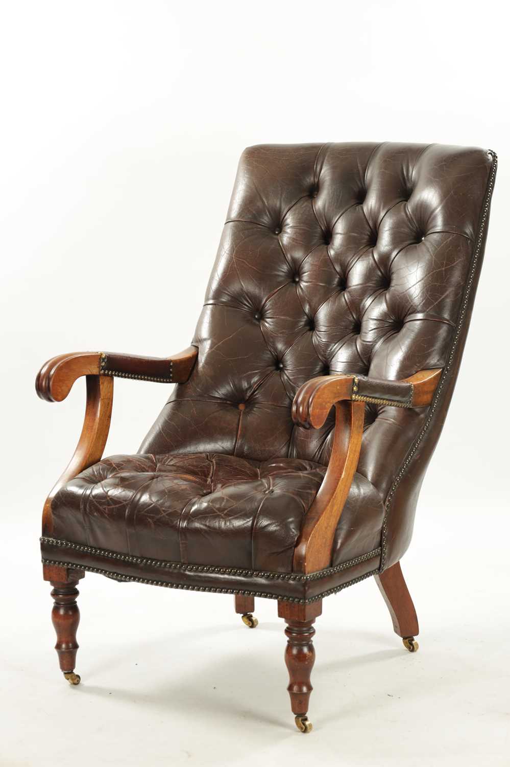 A WILLIAM IV LEATHER BUTTON BACK LEATHER UPHOLSTERED MAHOGANY LIBRARY CHIAR - Image 5 of 8