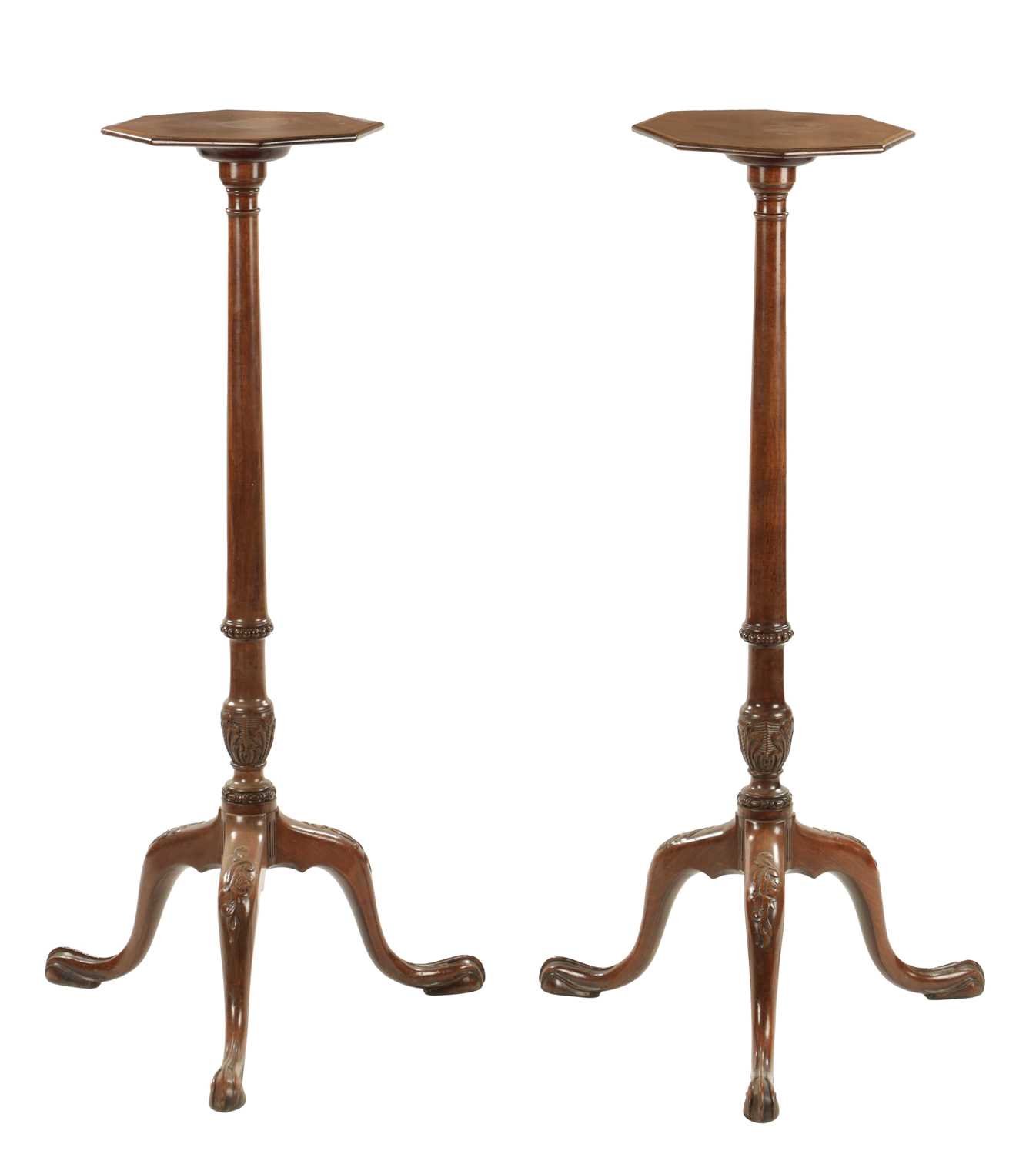 A PAIR OF GEORGE III MAHOGANY CHIPPENDALE STYLE TORCHERES