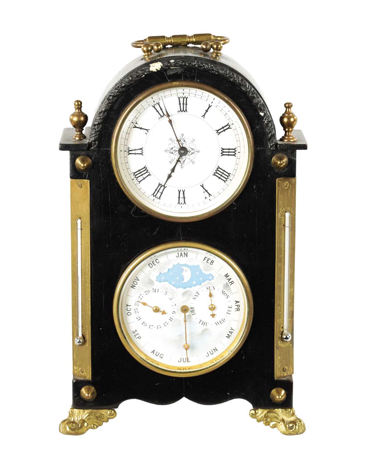 A LATE 19TH CENTURY FRENCH EBONY VENEERED MANTEL CLOCK WITH YEAR CALENDAR